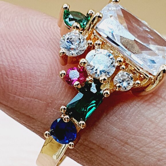 💎 Trendy Colourful Gemstone Dainty Large Rectangle Gold Rings  Women, INDN8511 - Picture 9 of 11